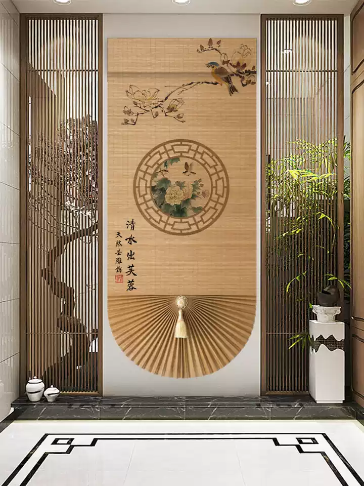 定制印花竹帘罗马帘扇形折叠升降遮光卷帘新中式客厅茶室隔断装饰